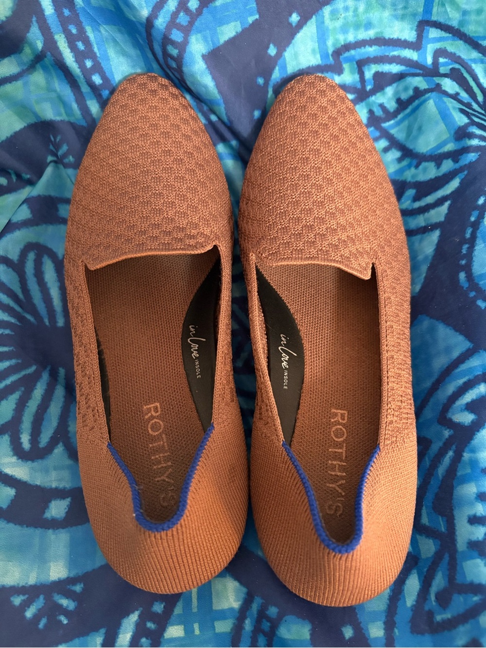 Rothy's Rust Brown Knit Slip-On Flats with Blue Trim